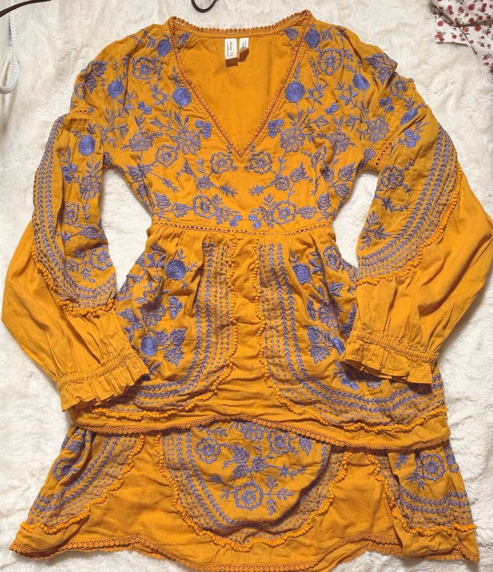 Meadow Rue by Anthropologie Embroidered Tiered Dress Mustard Yellow XXS